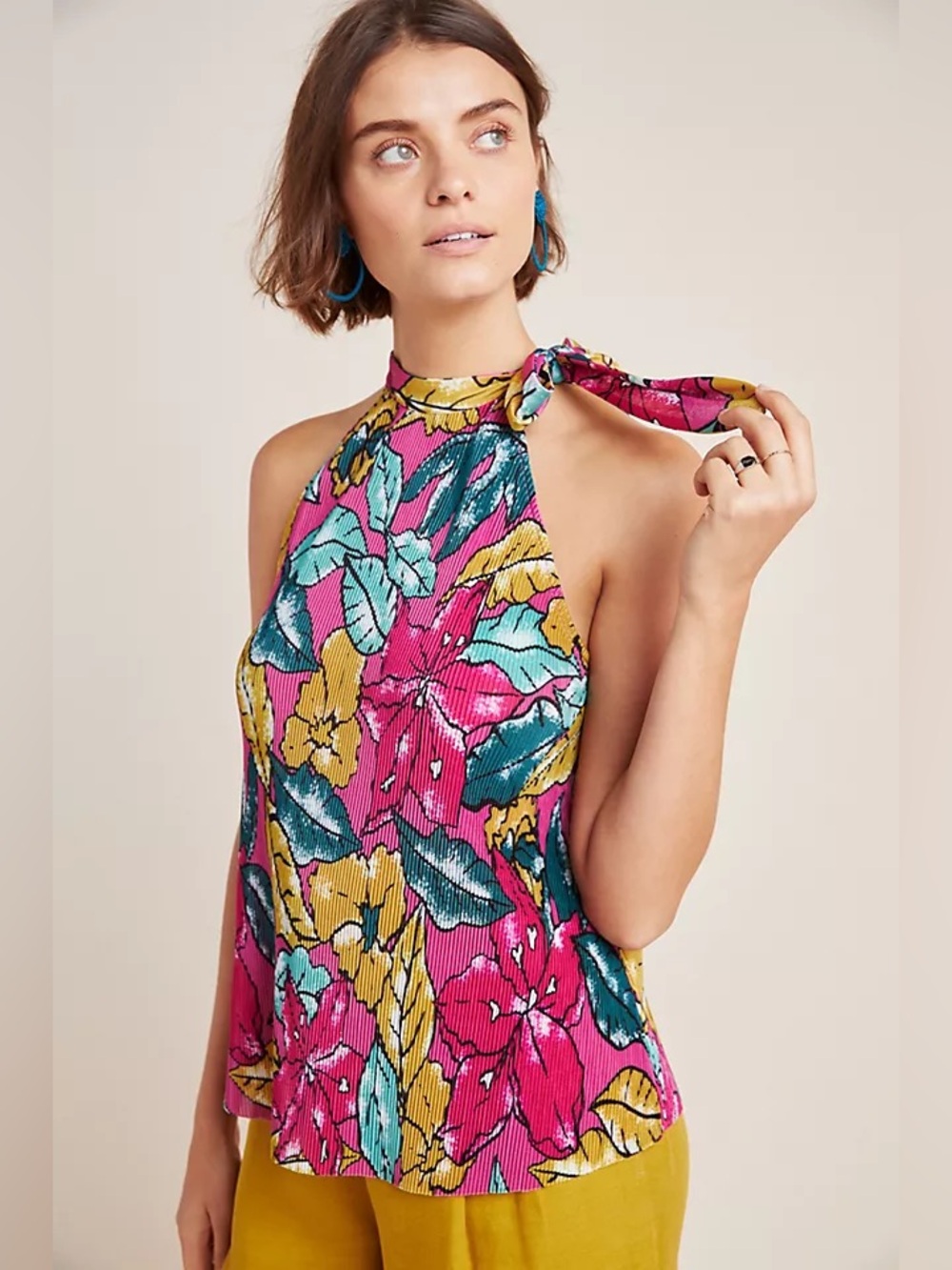 Maeve Tropical Floral Accordion-Pleated Sleeveless Halter Tie-Neck Top Large